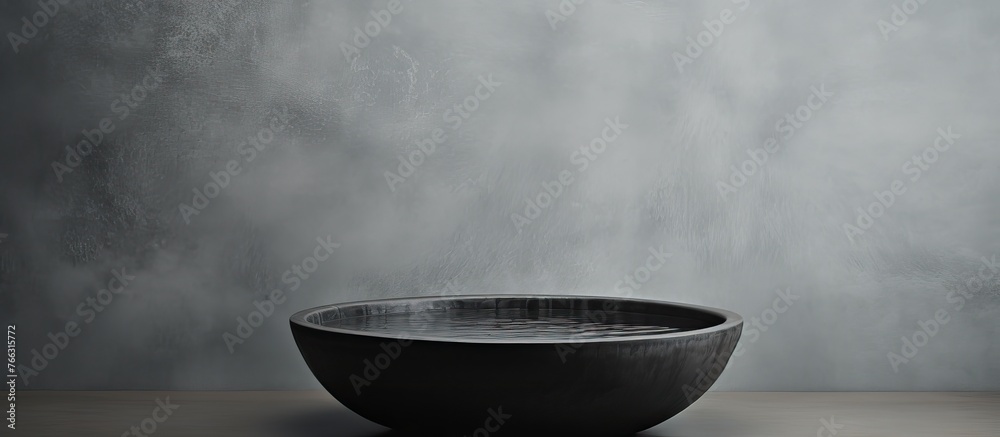 An up-close view of a ceramic bowl placed on a wooden table with a textured wall in the background