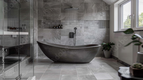 A contemporary bathroom with a freestanding bathtub  a walk-in rain shower  and sleek gray tiles for a serene spa-like ambiance