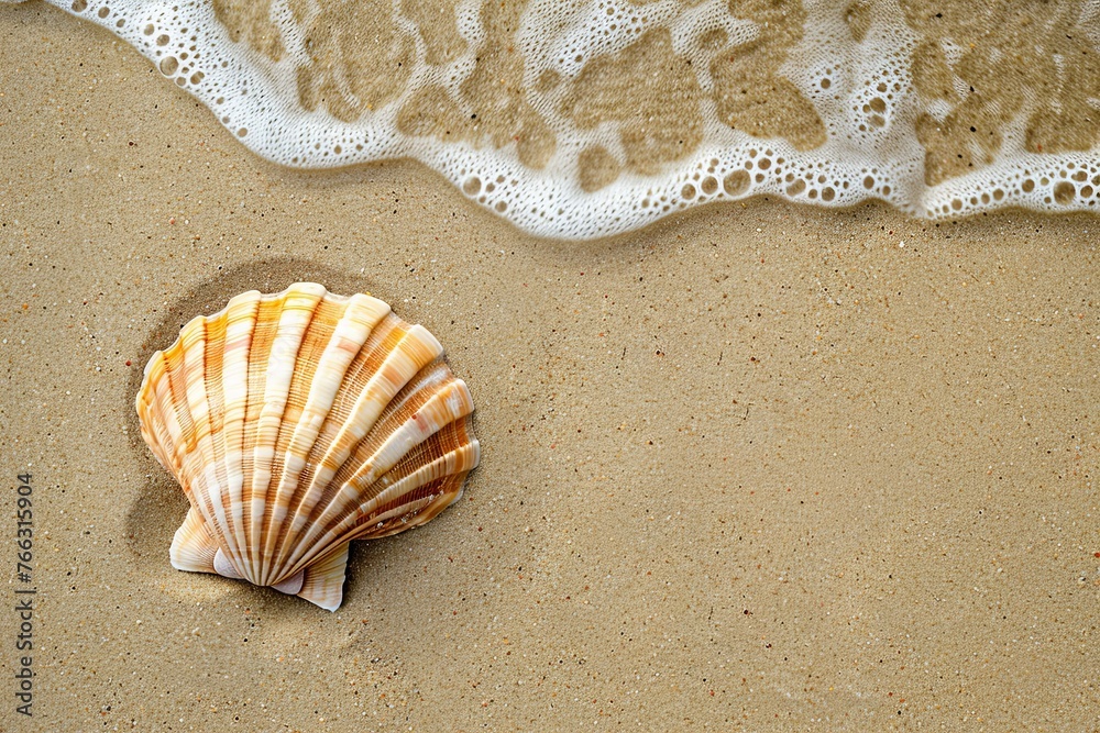 A single striped seashell rests on smooth sands, the gentle waves nearby whispering the rhythms of the sea. A single striped seashell rests on smooth sands, the gentle waves nearby whispering the rhythms of the sea.