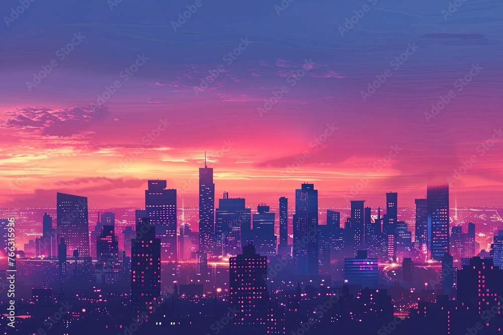 Fototapeta premium A city skyline awash with the vivid colors of twilight, the day’s end casting a radiant glow over the bustling urban landscape.