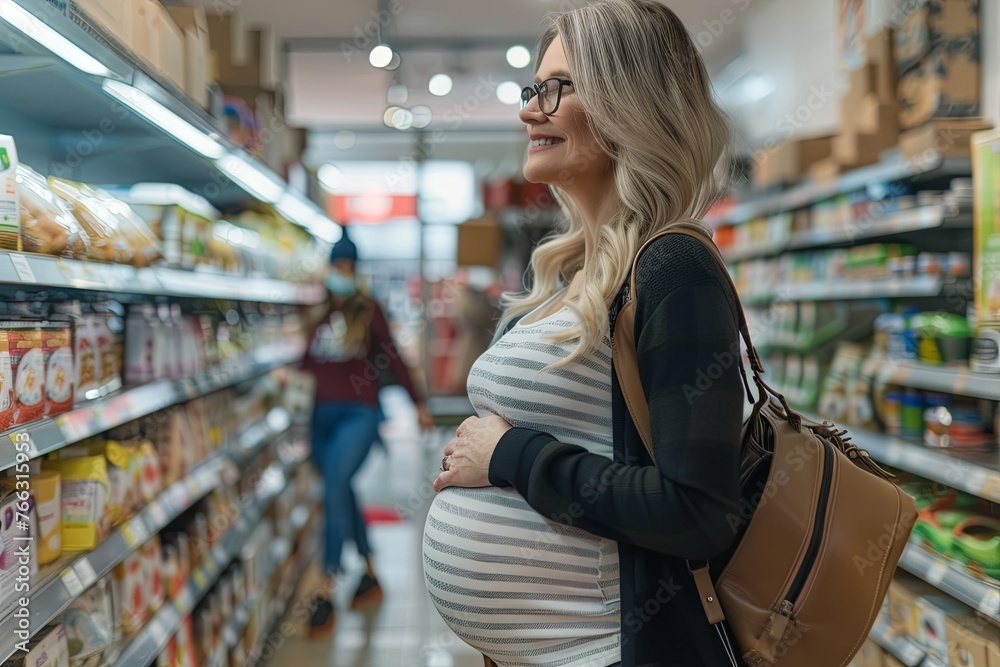 A smiling pregnant woman casually browsing the aisles of a grocery store, touching her belly with a loving gesture.