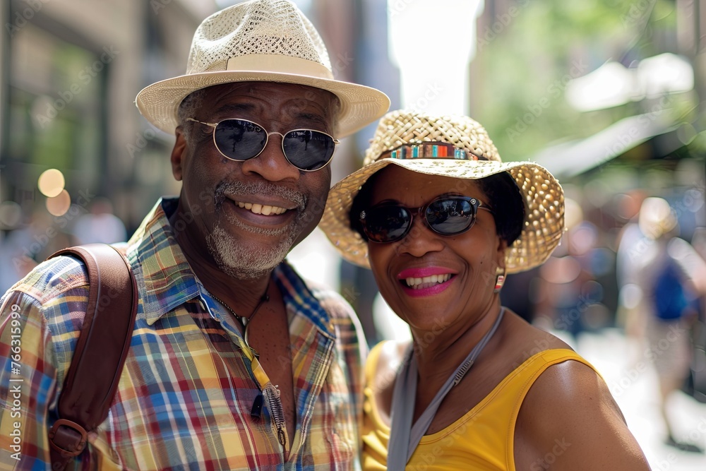 A radiant senior couple in summer hats shares a cheerful moment on a city street, their sunny dispositions as bright as the day.