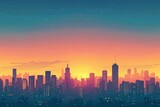 A vibrant city skyline at sunset, with silhouettes of buildings against a gradient of warm colors and stars emerging in the dusk sky.