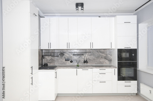 New, modern kitchen interior with kitchen appliances in front view