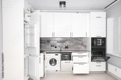 New, modern kitchen interior with kitchen appliances in front view