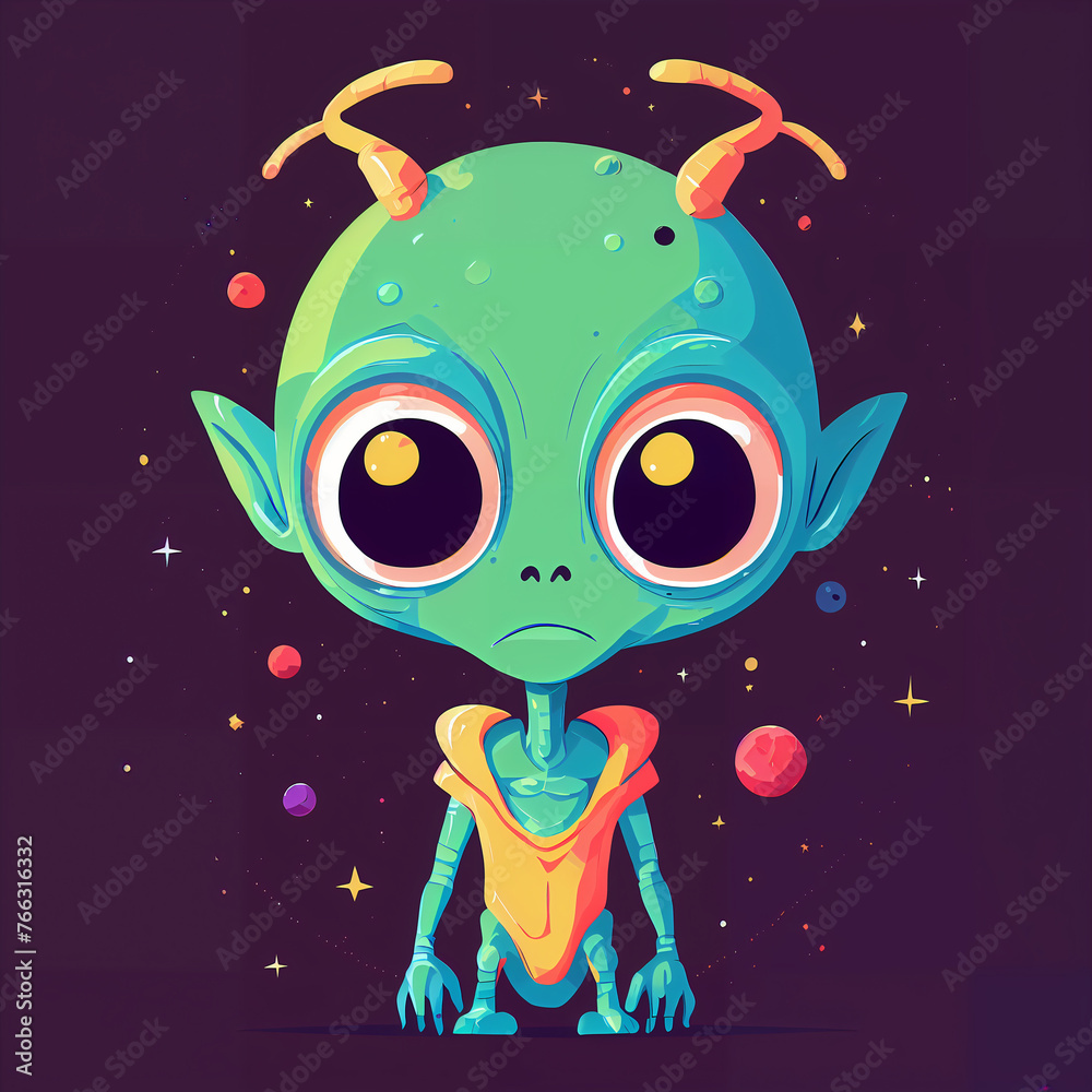 Obraz premium An illustration featuring an alien floating amidst a cosmic landscape adorned with swirling planets and twinkling stars. The alien, in a futuristic