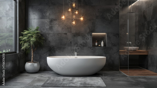 A contemporary bathroom with a freestanding bathtub  a walk-in rain shower  and sleek gray tiles for a serene spa-like ambiance