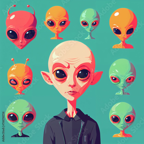 An illustration featuring an alien floating amidst a cosmic landscape adorned with swirling planets and twinkling stars. The alien, in a futuristic