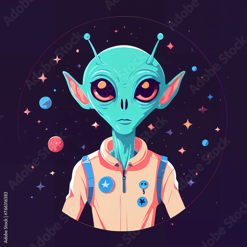 An illustration featuring an alien floating amidst a cosmic landscape adorned with swirling planets and twinkling stars. The alien, in a futuristic