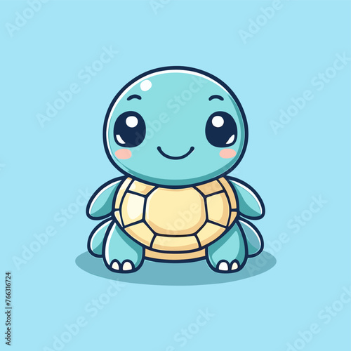 Cute Kawaii Turtle Vector Clipart Icon Cartoon Character Icon on a Baby Blue Background
