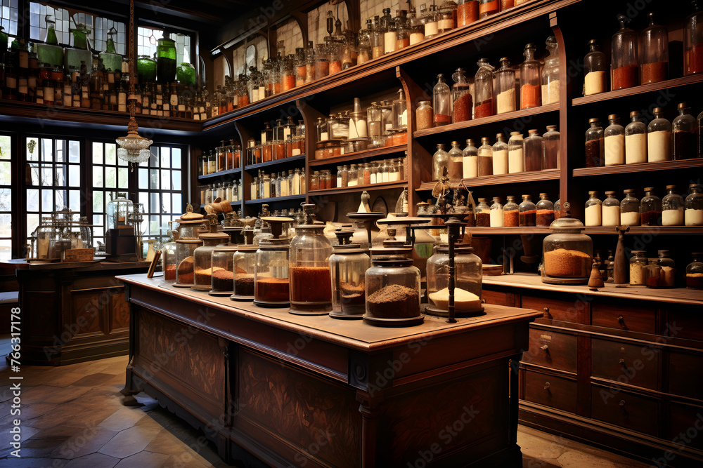Vintage Apothecary Store with Pharmacist Studying Old Medical Texts