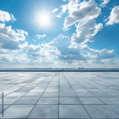 Vast open space  empty floor and city with blue sky and white clouds background. Generative AI