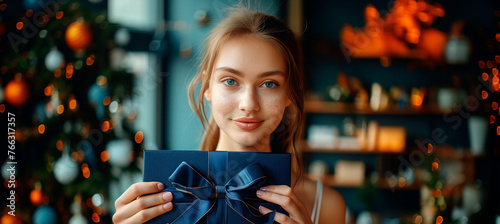 Retrato de joven con ojos azules y pecas mostrando una caja de regalos photo