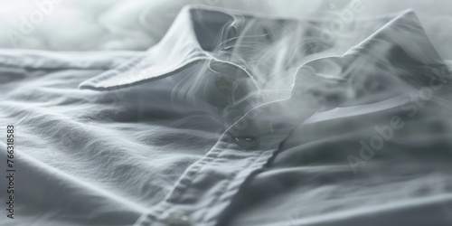 Close-up of an office shirt surrounded by puffs of hot steam. Creative concept for a vertical clothes steamer.