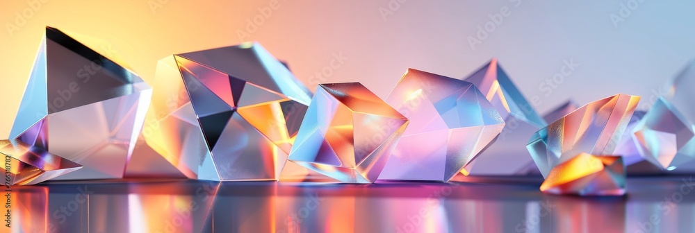 Abstract render of colorful glass geometric shapes with reflective surfaces. Vibrant and reflective glass contrast against geometric shapes, creating an abstract and futuristic atmosphere. 