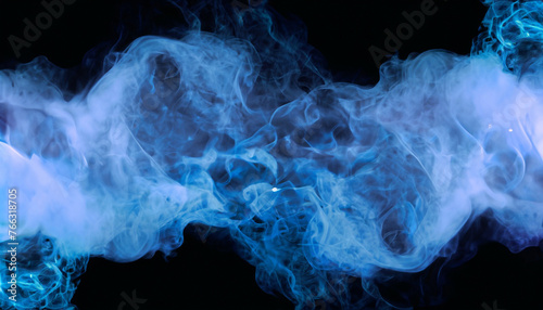 Shiny smoke. Glitter fluid. Ink water. Magic mist. Blue color particles texture paint vapor storm wave on dark black abstract background.