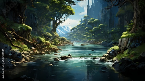A serene forest clearing with a crystal-clear stream flowing through it  surrounded by lush greenery.