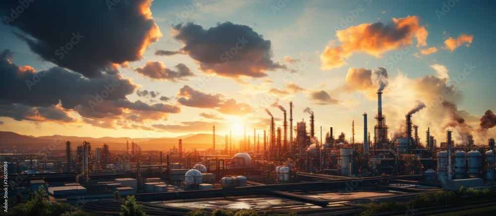 Oil refinery plant at sunset. Oil and gas industry. Panoramic view.