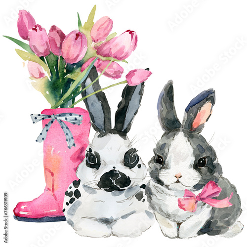 Cute watercolor baby bunny with flowers bouquet. Hand-drawn watercolor portrait of a rabbit bunny with a bouquet of flowers (ID: 766319109)