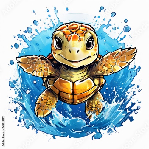 Turtle moves gracefully through water, its movements fluid, effortless. For fashion, clothing design, animal themed clothing advertising, as illustration for interesting clothing style, Tshirt design. photo