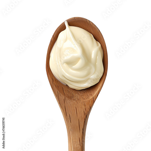 sour cream on wooden spoon, mayonnaise, yogurt, isolated on white background, clipping path, full depth of field 