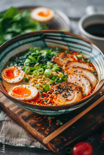 Close-up of a vibrant bowl of ramen with toppings, ideal for culinary themes.