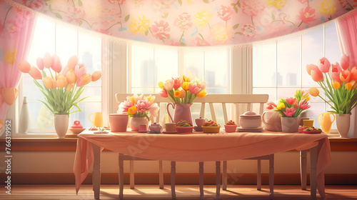 A heartwarming Mother's Day banner hanging in a sunlit room, casting a glow on a thoughtfully decorated space filled with love and appreciation