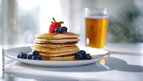 commercial photo of pancakes with syrup and honey on a plate with berries, morning breakfast