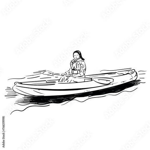 Sketch of kayaking people on river, lake , man , woman. view from front, Hand drawn Vector illustration isolated. Doodle sketch sport.