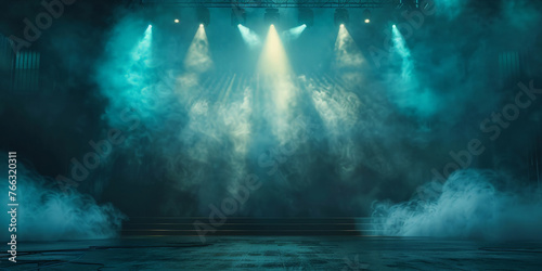 emptry Free stage with lights and smoke, Empty stage with blue spotlights, conser, show, party, Presentation concept. dark navy blue spotlight strike on black background. banner design photo