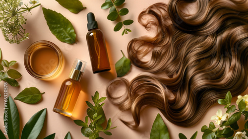 Top view of haircare products with natural elements for spa and wellness.