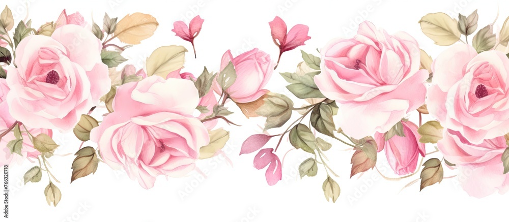 Close up view of a beautiful pink rose flower border surrounded by green leaves