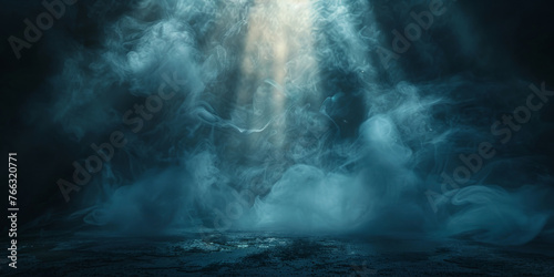 A spotlight shines on the dark background, empty dark blue room background with smoke and floor, Empty stage with blue spotlights, conser, show, party, Presentation concept. banner