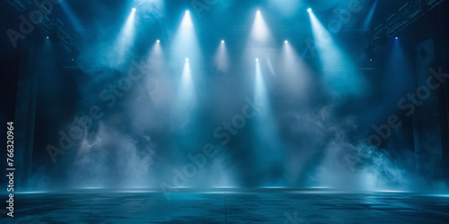 emptry Free stage with lights and smoke  Empty stage with blue spotlights  conser  show  party  Presentation concept. dark navy blue spotlight strike on black background. banner design