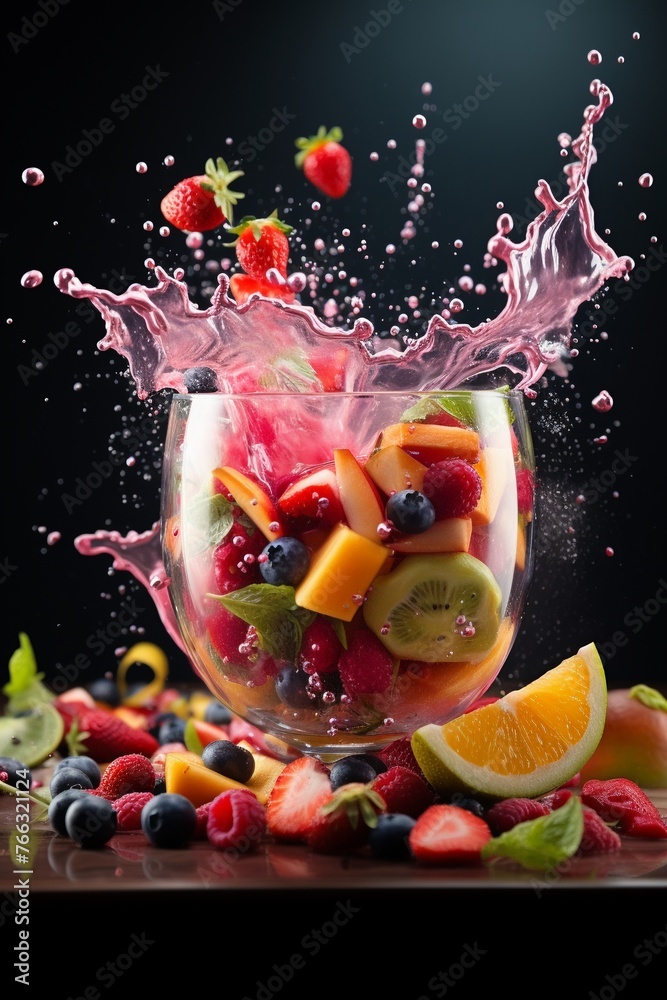 An energetic smoothie splash with fruits flying into the blender, Flying Food shot, studio lighting