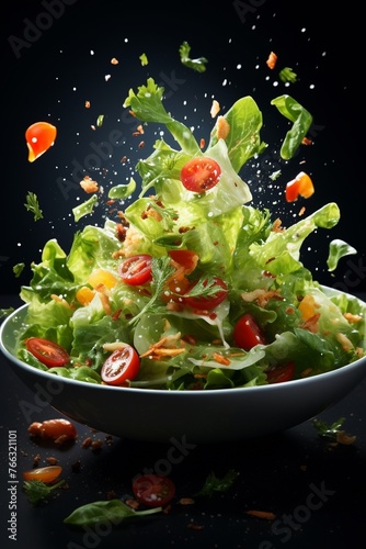 A salad with its ingredients, lettuce, tomatoes, cucumbers, tossed in the air, Flying Food shot, studio lighting