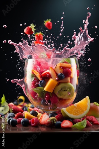 An energetic smoothie splash with fruits flying into the blender, Flying Food shot, studio lighting
