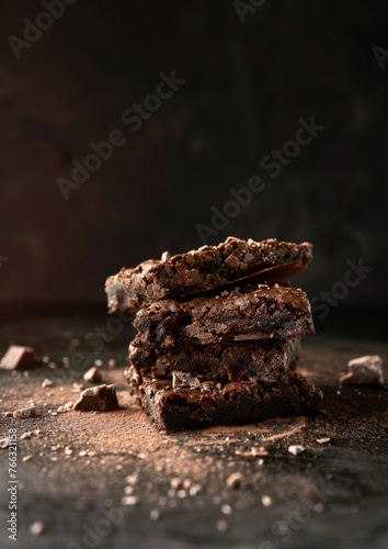 Fresh dark chocolate brownies on dark surface. Dark background. Sweet. Moist. Treat. Copy space.