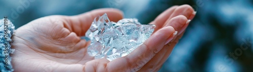 Close-up on a melting ice piece in a persons hand, a visual metaphor for global warming