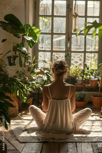 A person practicing mindfulness and stretching in a tranquil minimal home environment