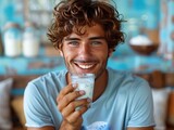 A happy young man, wearing a shirt, is smiling while tasting condensed milk yogurt ice
