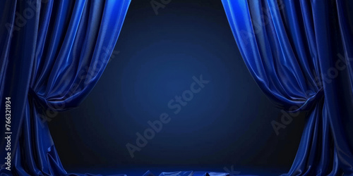 Blue stage curtains. Empty theater stage with blue curtains. Spotlight showtime, copy space, banner