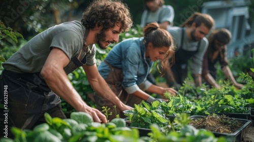 Group of people preparing garden space together on green rooftop garden, showcasing sustainable urban agriculture. Commitment to sustainable living. Generative ai
