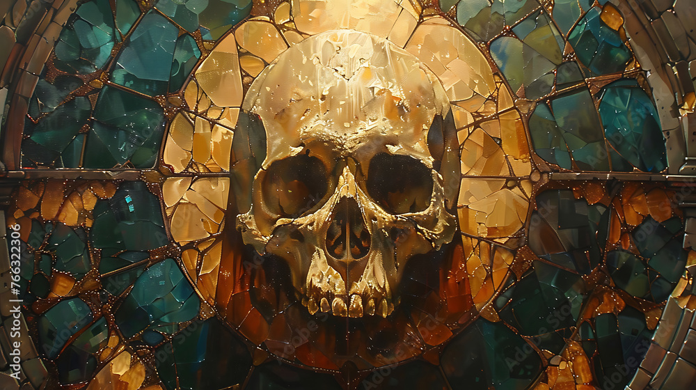 oil painting logo of skull on background of an ancient stained glass window. Generative Ai - obrazy, fototapety, plakaty 