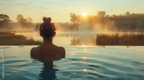 A traveler enjoying a spa retreat in a serene natural landscape