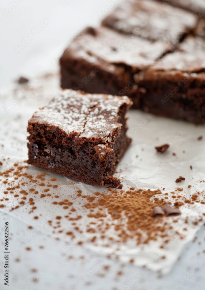 Fresh dark chocolate brownies on light surface. White background. Sweet. Moist. Treat.