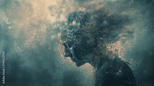Abstract artistic representation of a female profile dissolving into sparkling particles and cosmic backdrop, symbolizing concepts of transformation, spirituality, and the universe