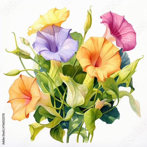 Watercolor morning glory clipart with trumpet-shaped flowers in various colors
