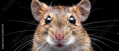  A close-up image of a rodent's face on a black background, with the rodent's eyes out of focus and an expression of surprise or confusion