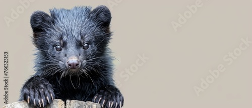  A close-up of a small animal perched on a wooden post, its paws resting on a piece of wood © Wall